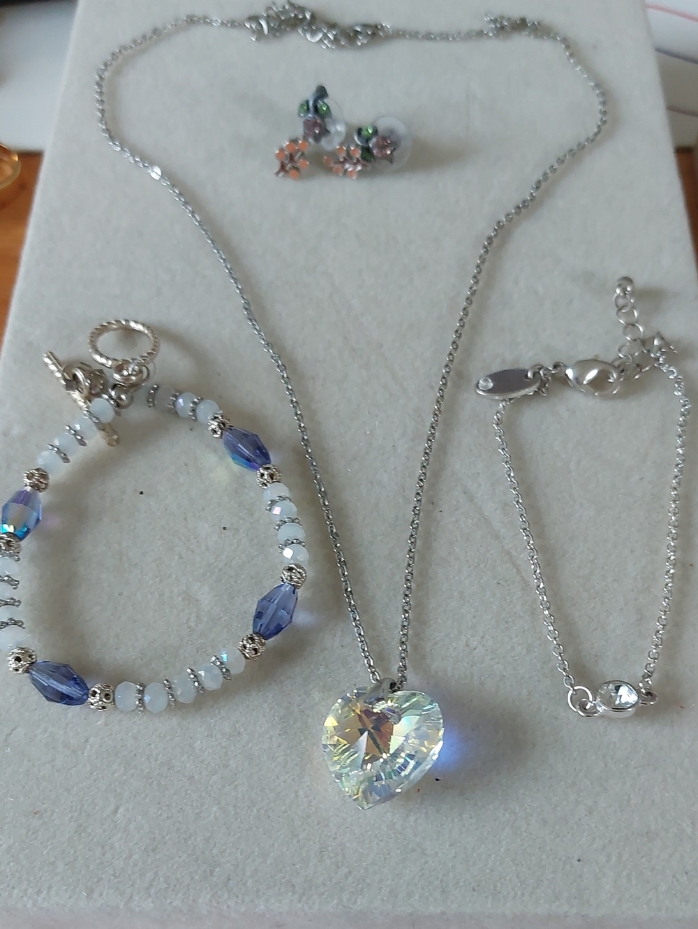 Swarovski Style AB Crystal Heart Necklace, Toggle Bracelet & Earring 5pc Lot